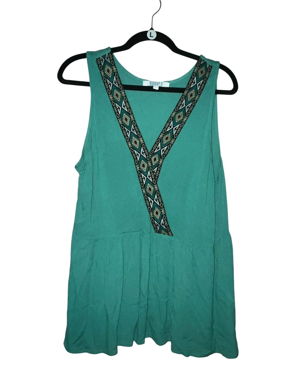 Bunulu Sleeveless Peplum Boho Top Teal V-Neck Tunic with Aztec Trim